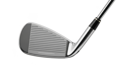 Close up view of a modern golf iron club head and shaft isolated on black