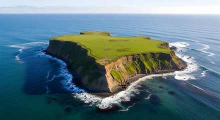 Dramatic Green Island Rising From the Ocean, Surrounded by Blue Waters and Rugged Cliffs, Showcasing the Majestic Isolation and Natural Beauty of Coastal Landscapes

