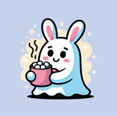Cartoon bunny ghost holding a pink mug filled with marshmallows on a pastel background with stars