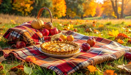 Autumn picnic with plaid blankets, apples, and pumpkin pie.

