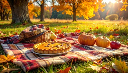 Autumn picnic with plaid blankets, apples, and pumpkin pie.
