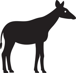 Elegant black okapi silhouette standing gracefully isolated on a plain white background isolated on white background