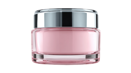 Square, transparent jar of light pink cream.  Metallic silver lid.  Glossy finish.  Cosmetic product