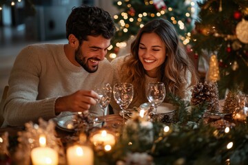 Happy couple enjoying festive christmas dinner celebration at home