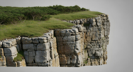 Sheer Rocky Cliff Topped with Lush Green Grass: A Striking Contrast of Vertical Stone Faces and Verdant Vegetation in a Dramatic Natural Landscape

