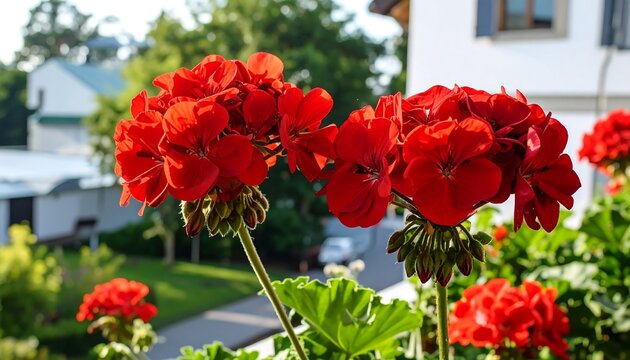 Vibrant red geraniums in a garden setting