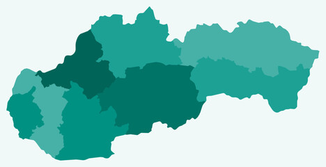 Obraz premium Map of Slovakia with regions. Just a simple country border map with region division. Teal color palette. Blank Slovakia shape with administrative division. Vector illustration.