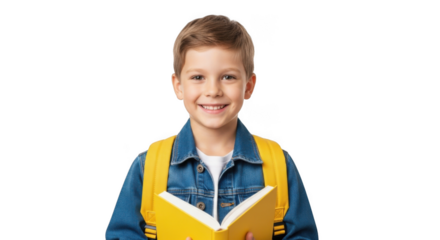 Happy young boy wearing a denim jacket and yellow backpack holding an open book with a smile