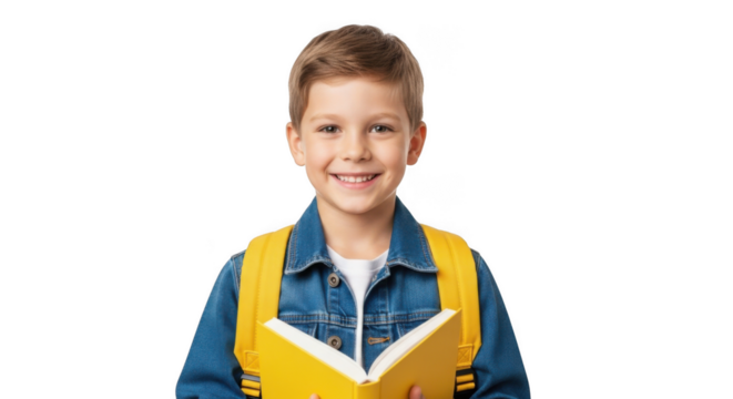 Happy young boy wearing a denim jacket and yellow backpack holding an open book with a smile