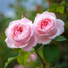 Two delicate pink roses in a garden