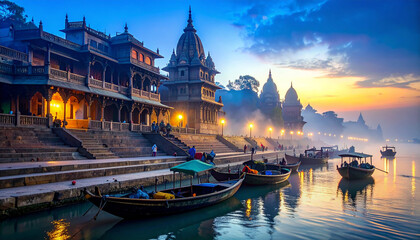 Varanasi Ghats Dawn Mist  . Religion concept. Generated Image