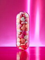Pill filled with heart shaped candies on pink background, love and health concept