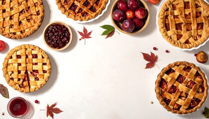 Assorted homemade fruit pies, like apple and berry, with autumn leaves and plums on white, celebrating harvest season and the warmth of Homemade pumpkin pie baking