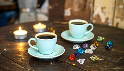 Two cups of coffee on a wooden table with candles and colorful gems, blurred background