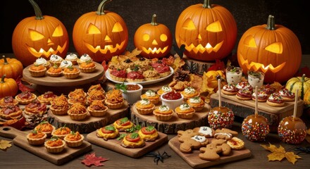 Assorted Halloween treats with jack-o’-lanterns and festive pumpkins.