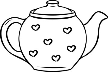 cute ceramic teapot with a heart pattern, simple black and white icon, doodle and sketch style