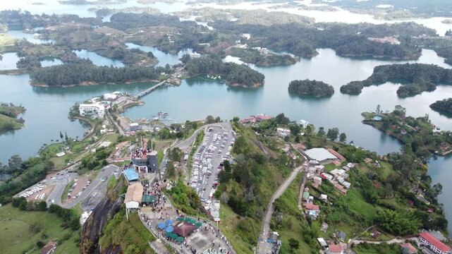 Medellin, Colombia, aerial view of Guatape lake from the Rock (La Piedra del Penol) during daytime drone 4K, tourism destination
