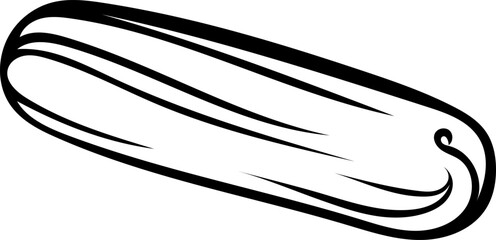 Hand-drawn black and white icon of an elegant French eclair, sketch style illustration of a traditional elongated pastry with cream. Simple doodle of a classic dessert