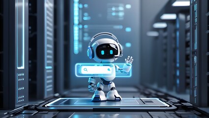 Fototapeta premium Happy robot. 3d ai character, chat bot mascot isolated on transparent background, GPT chatbot icon. Artificial intelligence, trendy technology, support service, funny automation computer