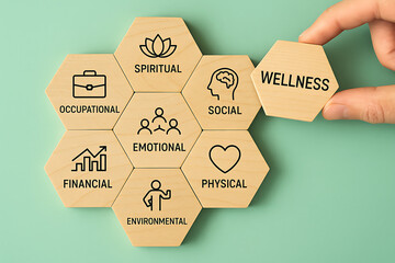 Hand placing the last wooden hexagon block with the word wellness connecting the eight essential dimensions of spiritual, social, emotional, occupational, financial