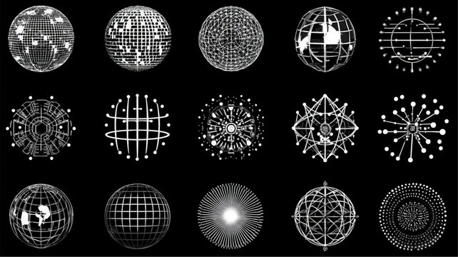 Collection of abstract digital wireframe spheres and globes.