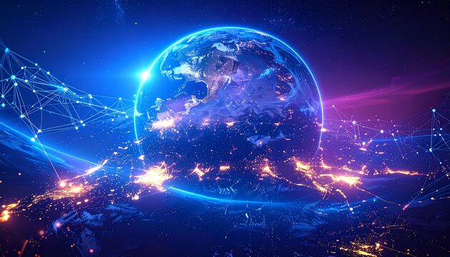Digital Earth with illuminated cities, networked with glowing connections in blue/purple - Powered by Adobe