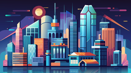 A futuristic urban skyline view with economic data overlay, glowing city lights, modern architecture, financial charts, digital graphs, innovation, technology-driven landscape, dynamic metropolis desi