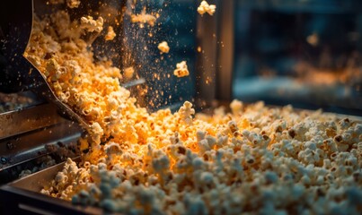 Freshly Popped Popcorn Overflowing from a Commercial Machine.