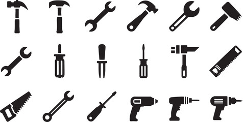 Collection of black silhouette icons of various hand and power tools on a white background tool icon