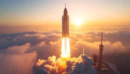 Rocket Launching into Sky at Sunset with Fiery Exhaust and Clouds.