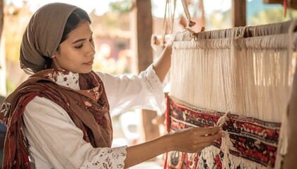 Woman weaving a rug