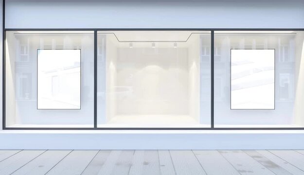 White storefront blank showcases. Empty new shop facade interior, clean signboard copy space, mock up design store interior