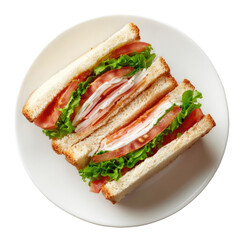 A sliced club sandwich on a white plate