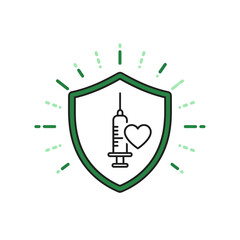 Vaccination protection icon with a shield, syringe, and heart symbolizing healthcare and safety.