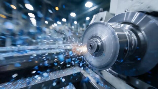 Experience the precision and craftsmanship of a high-precision metal lathe in action, with polished steel surfaces and scattered metal shavings under bright industrial lighting.