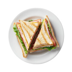 Two triangular club sandwiches on a white plate