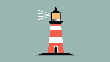 Red and white striped lighthouse emitting a beam of light against a teal background