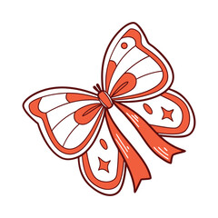 Whimsical hand drawn illustration of an orange and white butterfly with ribbon like wings and decorative patterns perfect for creative projects and designs