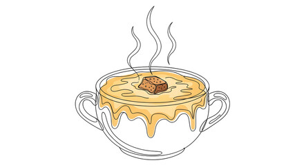 Minimalist one-line art illustration of a bowl of French onion soup, with detailed steam rising and a cheesy crust with a crispy crouton. Hand-drawn style, clean outline, vector design for a culinary 