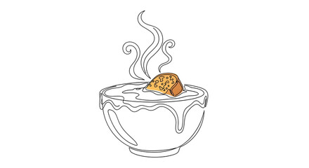 Minimalist one-line art illustration of a bowl of French onion soup, with detailed steam rising and a cheesy crust with a crispy crouton. Hand-drawn style, clean outline, vector design for a culinary 