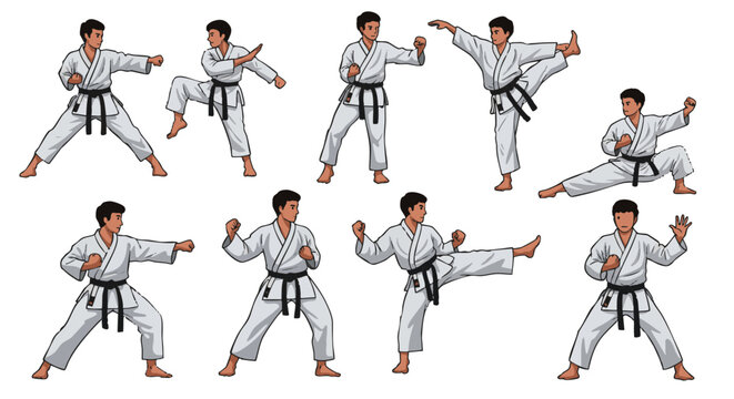 A set of vector illustrations showing a man in a white gi and black belt demonstrating various karate fighting poses, stances, kicks, and punches.