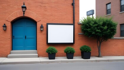 Fototapeta premium Exterior of a brick building with a blue door and blank sign.