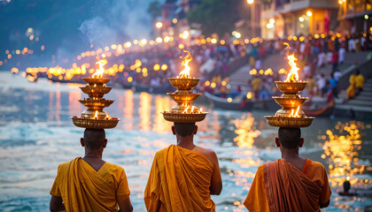 Hindu Ganga Aarti Fire Lamps . Religion concept. Generated Image