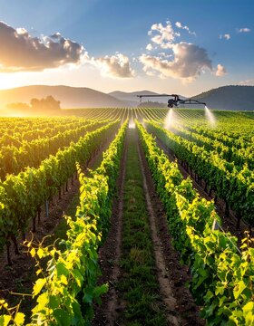 Vineyard at sunset with sprayers