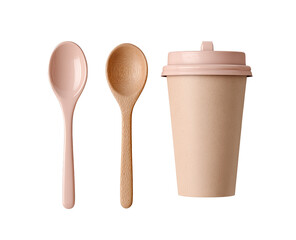 Two pink plastic spoons and a light beige paper cup, arranged vertically