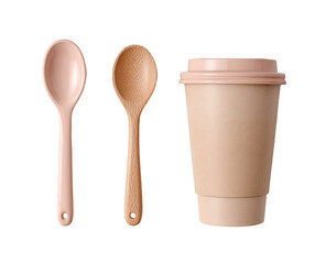 Two wooden spoons and a light peach-colored disposable coffee cup, set against a plain background