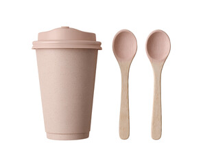 Light pink reusable coffee cup and wooden spoons