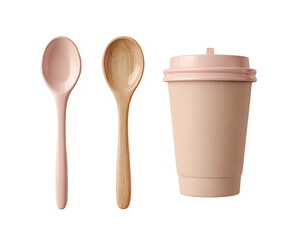 Light pink utensils and a coffee cup.  A pair of light pink spoons, one wooden, are positioned next to a light pink disposable coffee cup.  All items are presented against a plain background