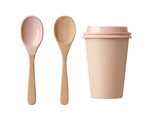 Two wooden spoons with light pink handles and a light pink disposable coffee cup