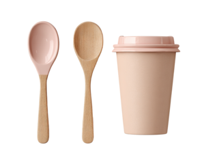 Two wooden spoons with light pink handles and a light pink disposable coffee cup